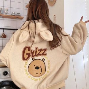 Höst Winter Zipper Coat Sweet Hooded Bear Print Harajuku Loose Pocket Hoodies Fleece Flannel Pullover Kvinna Sweatshirt 211013