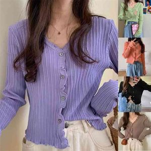 Mulheres Verão Manga Longa Solcreen Cardigan Ribbed Knit Ruffles Sweater Crop Top Button Down Color Sólido V-Pescoço Outwear 210922