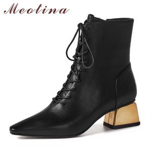 Meotina Ankle Boots Women Shoes Real Leather Mid Heels Lady Boots Pointed Toe Block Heels Lace Up Zip Short Boots Autumn Brown 210608