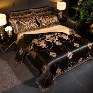 Dropshipping Duvet Cover Wedding Golden Jacquard Pościel Zestaw Koronki Płaski Poszewka na Poszewka 4 SZTUK Europejski Luksus 210316