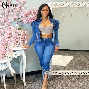 Gbyxy Fashion Diamond Beaded Crown Denim Suit Kvinnor Long Puff Sleeve Tassel Denim Jacka och Jeans 2 Piece Set Outfit ZL1070