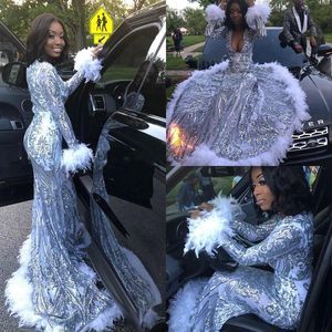 Sparkly Black Girl Prom Dresses 2021 Long Sleeve V-neck Silver Sequin White Feather African Gala Mermaid Party Dress