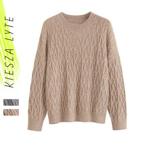 Kvinnor tröja höst vinter mode grundläggande all-match tjock solid khaki grå twist långärmad pullover cashmere tröja 210608