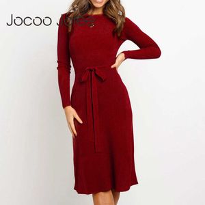 Jocoo Jolee Abito da maglione invernale da donna Causale Manica lunga O Collo Solid Sashes Abito al ginocchio lavorato a maglia Abito aderente vintage 210619