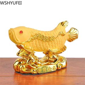 Chinese Style Lucky Home Office Company Car Talisman Money Drawing Fortune Arowana Golden Resin Fish Decorative Statue 210727