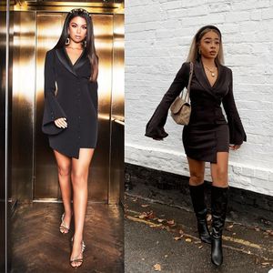 Zarif Düzensiz Kadınlar Blazer Elbise Kısa Gelinlik Modelleri Uzun Kollu Düğmeler Balo Abiye Kabanlar Chic Coats Tops