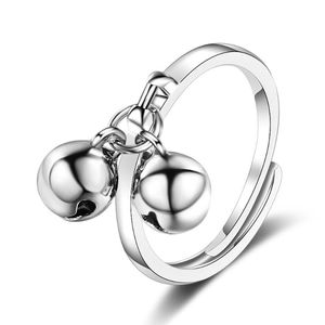 Cluster Rings Double Bell Open Finger Ring Silver Color Adjustable For Women Minimalist Accessories Jewelry 925 Sterling