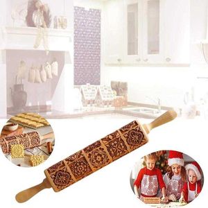 1 Stücke Weihnachten Rolling Stick Urlaub Elch Druck Nudelholz Holz Gravur Prägung Cookie Maker Teig Kochen Liefert 211008