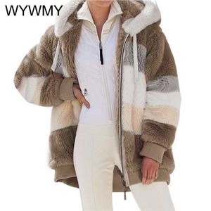 Wywmy inverno jaqueta com capuz mulheres casaco moda solta pelúcia casual casual multicolor zíper casacos e jaquetas outwear 211014