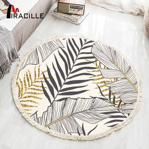 Miracille Ginkgo Biloba Art Style Round TasseL Rugs Золотой лист коврик для пола тканый ковер большой площадь для отеля спальня 150см 210301