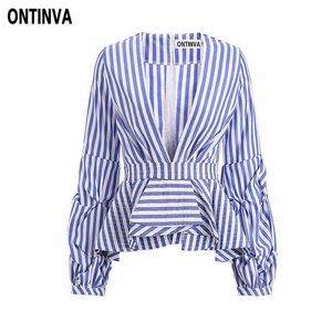 Sexig Deep V Neck Blue Striped Blusas 5XL Plus Storlek Kvinnor Vintage Puff Sleeve Ruffles Trim Slim Waist Shirts Femininas Blouses 210527