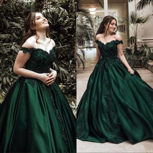 Verde scuro 2021 Ball Gown Quinceanera Abiti con spalle scoperte Perline Cristalli Lace Up Sweet 16 Abiti Abiti da ballo abiti da quinceanera