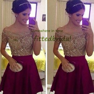 Glitter Gold Sequin Short Prom Dresses Cap Sleeves A Line Burgundy Chiffon Formal Homecoming Gowns vestido