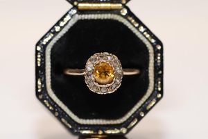 Cluster Rings Antique Original Victorian Time 8k Gold Natural Rose Cut Diamond And Citrin Decorated Pretty Ring