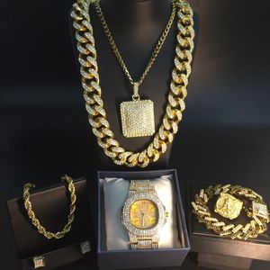 Kolczyki Naszyjnik Luksusowe Mężczyźni Zegarek Bransoletka Pierścień Combo Ustaw Cuban Crystal Miami Chain Hip Hop