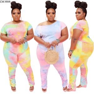 CM.Yaya Active Wear Plus Size XL-4XL Tie Dye Print Kvinnors Set T-shirt Stacked Byxor Suit TrackSuit Two Piece Set Fitness Outfit Y0625