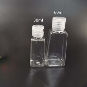 30ml 60ml Bottiglia di plastica PET vuota con tappo a scatto bottiglia di forma quadrata trasparente per gel disinfettante per le mani usa e getta liquido per il trucco DH9466