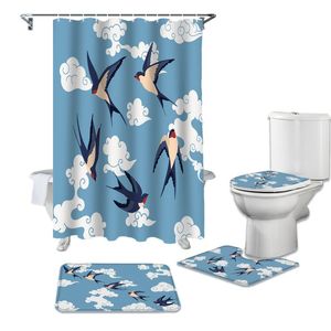 Shower Curtains Chinese Style Auspicious Clouds Swallow Curtain Toilet Lid Cover Bath Mat Set Bathroom Rug Bathtub Home Decor