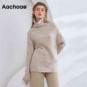 Aachoae Autumn Winter Women Solid Turtleneck Pullovers Top Batwing Long Sleeve Warm Female Striped Casual Loose Jumper 210914