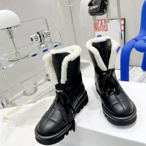 Lace Up Wool Ladies Boots Round Toe Flats Leisure Winter Boot Thick Sole Platform Shoes Black Leather Snow Shoe Women