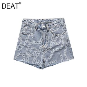 [DEAT] Women Summer Fashion High Waist Solid Color Chain Jacquard Personality Chic Denim Shorts 13Q441 210527