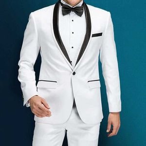 White Groom Tuxedos with Black Shawl Lapel Slim Fit Men Suits 2 Piece Male Jacket Pants Latest Coat Fashion Design X0909