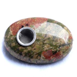 Mini Portable Natural Unakite Jasper Palm Gemstone Pipes for Weed Tobacco Smoking Healing with Free Pipe Screens Filters