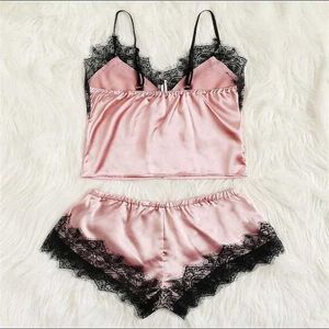 Pink Summer Women Sexy Lingerie Midnight Sexy Seduction Lace Pajamas Sets 211203