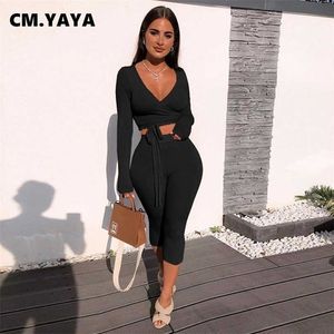 CM.YAYA Women Set Solid Full Sleeve V-neck Bandage Crop Top Mid Waist Skinny Elastic Calf Length Pants 2 Piece Summer Outfit 211106