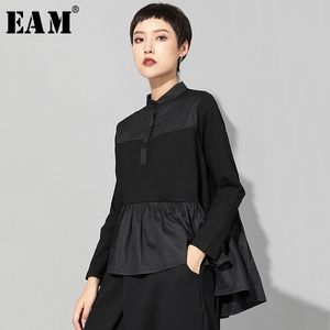 [EAM] 2021 새로운 봄 가을 스탠드 칼라 긴 소매 검은 느슨한 밑단 주름진 스티치 불규칙한 티셔츠 여성 패션 조류 JQ016 210315