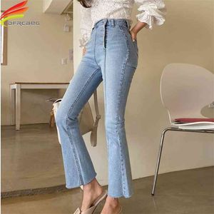High Waist Elegant Comfortable Jeans For Women Single Button Fashionable Casual Denim Pants Washed Flare 210629