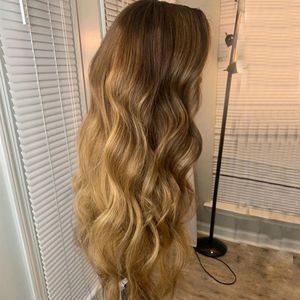 Ombre honung blondin vågig 13x6 spets främre mänskliga hår peruk med babyhår 360 frontal brun glueless siden topp full snören pannband