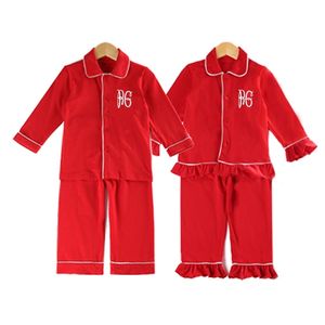 キッズ服100％コットンプレーンかわいい赤いパジャマ冬のフリルの赤ちゃん女の子クリスマスブティックホームウェアフルスリーブPJ 210915