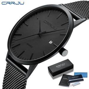 Crrju Fashion Mens Klockor Ultra Thin Quartz Watch Men Casual Slim Mesh Stål Vattentät Sport Klocka Black Relogio Masculino 210914