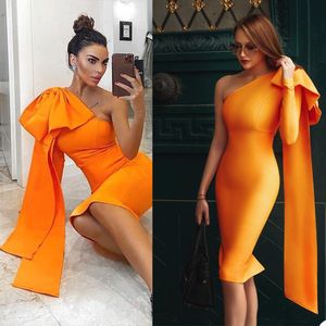 Bright Orange Mermaid Prom Dress Sexy One Shoulder Long Sleeve Bow Tea Length Party Dresses African Black Girls Evening Gala Gowns