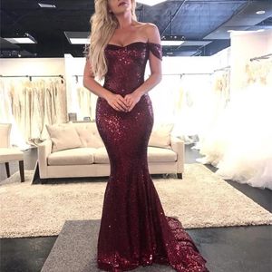 Glitter Off Shoulder Mermaid Formal Evening Dresses Burgundy Long Party Vestidos De Fiesta Bling Bling Sequined Prom Dress For Women Girls