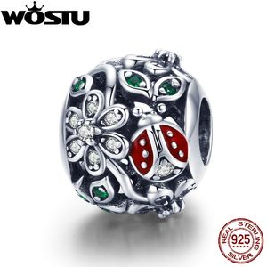 Wostu Design 925 Sterling Silver Daisy Ladybird Charme Bead Fit Original DIY Pulseira Europeia Prata Jóias Presente CQC926 Q0531