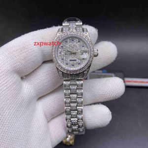 26mm Hip Hop Diamante Mulheres Relógios De Aço Inoxidável Relógio Diamante Rosto Com Diamante Strap Assista Automático 26mm Prong Set Relógio de Relógio de Relógio