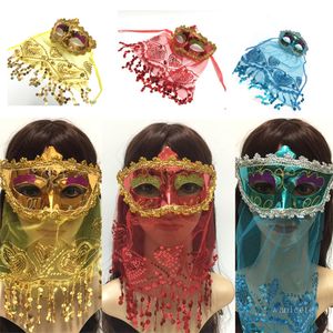 Halloween Xmas Party Masks Barriga Dança Kids Partes Anuais Masquerade Mascarade Estilo Indiano com Veil Gold Pó Sequin FaceMask T9i001407