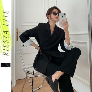 Frauen Blazer Mode Massiv Schwarz Stickerei Lace Up Lässige Weibliche Lose Arbeit Tragen Anzug Jacke Outwear Blaser Femme Herbst 210608