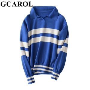 Gcarol 가을 겨울 턴 다운 칼라 줄무늬 점퍼 30 % 양모 잘 생긴 따뜻한 짧은 니트 저지 피부 친화적 인 소프트 폴로 스웨터 210917