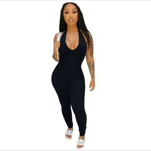 Streetwear White Black Spandex Sexy Bodycon Jumpsuit Mulheres Macacões Sem Mangas Skinny Macacão Mulheres Feminina 210525