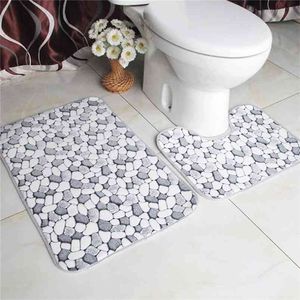 2Pcs/Set Cobblestone Bathroom Mat Set Flannel Anti-Slip Kitchen Bath Mat Carpet Bathroom Toliet Rug Washable Tapete 210724