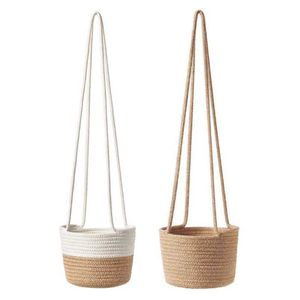 Cesta de plantas de plantador de suspensão handwoven com cabo de flor de cordão de algodão de juta 210615