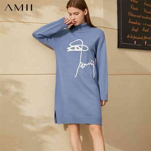 Minimalism Winter Sweater Dress For Women Fashion 's Turtleneck Letter Loose Knee-length 12040796 210527