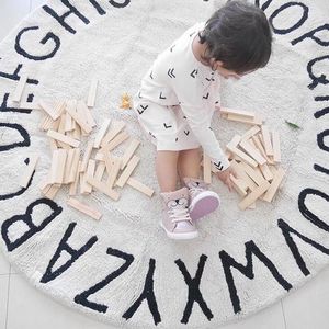 120CM INS Kids Crawling Carpet Baby Infant Play Mats Letter Pattern Floor Rug Fleece Round Blanket Children Room Decor Game Pad 210301