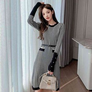 autumn winter Fashion Dres Elegant Vintage Plaid es Ladies Jacquard knitting 210531