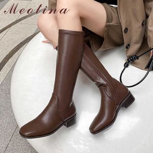 Meotina Äkta Läder Knee High Boots Square Toe Mid Heel Woman Boots Chunky Heel Long Boots Zipper Kvinna Skor Brun Svart 210608