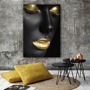 Schwarze Haut Goldene Lippen Leinwand Malerei Wandbilder Für Wohnzimmer Wand Poster und Drucke Afrikanische Kunst Dekor Kunst