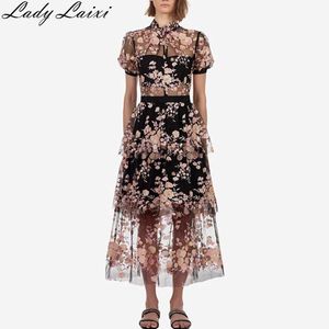 Self portrait Runway Desigher dress Embroidery Sequined Flower Mesh Dress Summer Women High Waist Party Long 210529